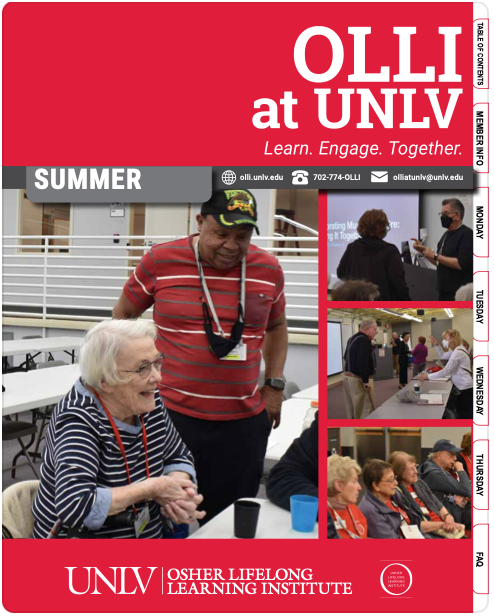 OLLI At UNLV Summer 2022 Catalog cover with 4 photos of students in classes