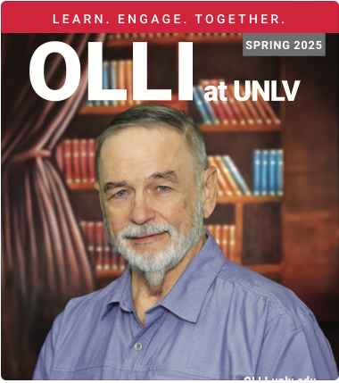 OLLI spring catalog cover with adult student in front of bookcase