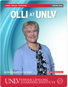 Spring 2026 unlv OLLI at UNLV catalog cover with a woman  in front of a blue background and the words Learn. Engage. Together