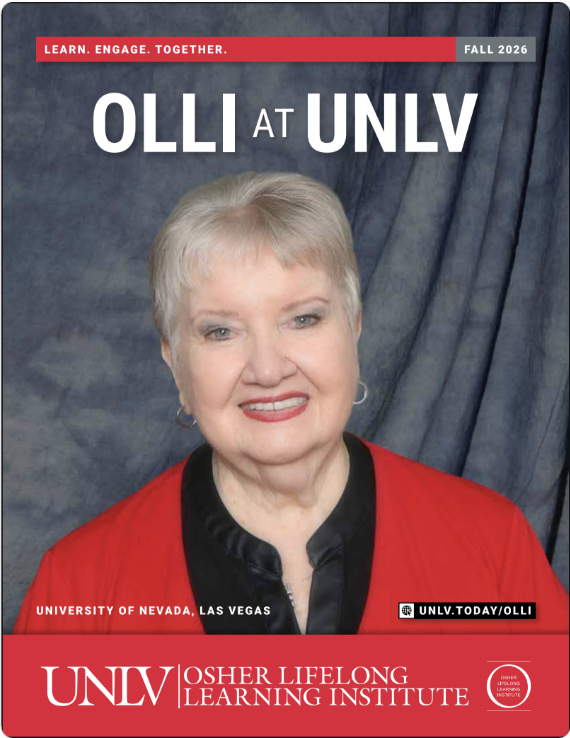 Fll 2026 unlv OLLI at UNLV catalog cover with a woman in red in front of a grey background and the words Learn. Engage. Together