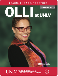 OLLI At UNLV SUMMER 2024 Catalog cover with a woman in front of a green background