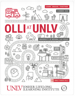 Spring 20276 OLLI at UNLV course catalog with line art signifying a roadtrip